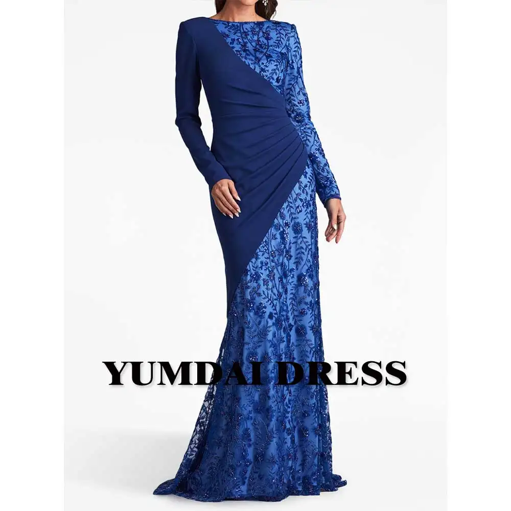 YUMDI Long Sleeve Lace Wrap Hip Evening Dress Blue Bride Mom Dress Formal Dress 2023 Women Elegant Party Special Event Gown