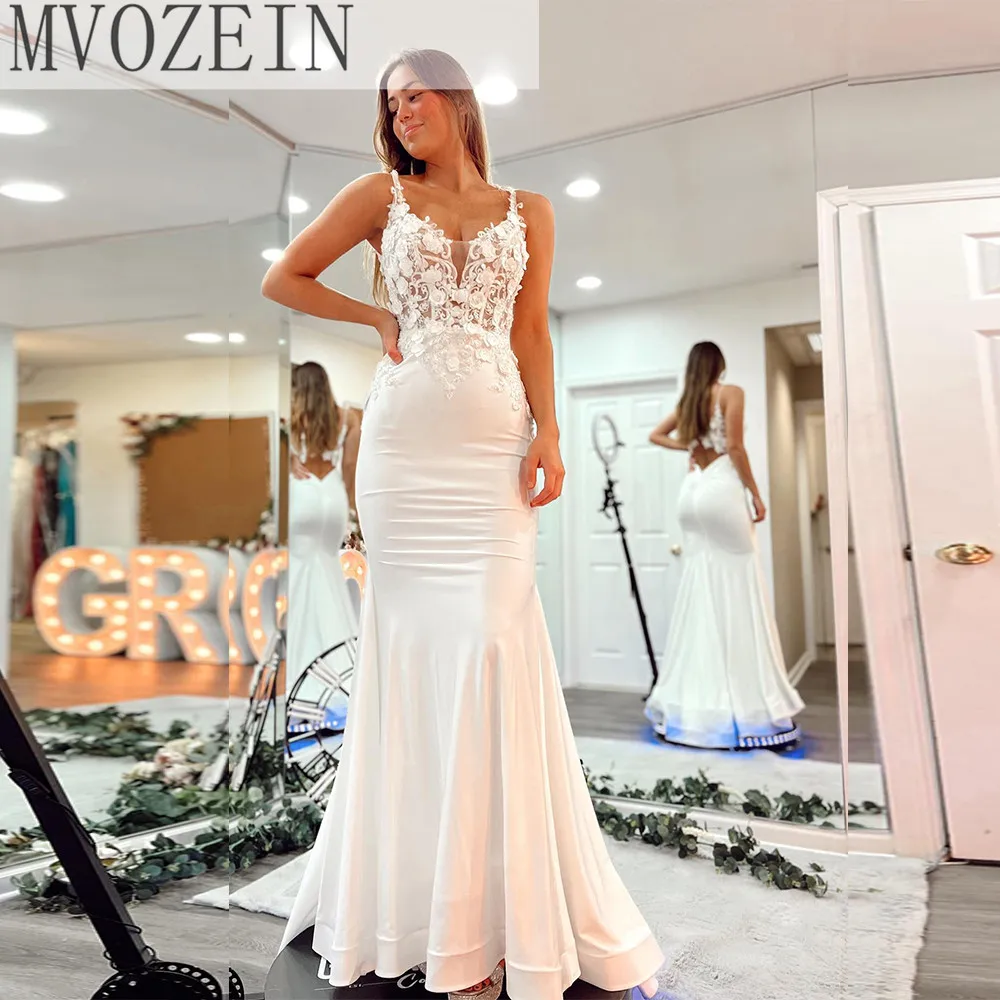 Spaghetti Strap White Prom Dresses 2023 Sheath Elegant Evening Dress Satin Long Formal Dresses Transparent Top Party Dresses