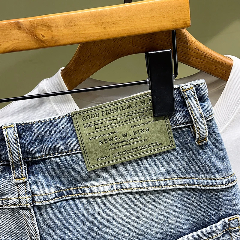 New summer high end luxury denim shorts with MEN'S panel patch slim fit straight barrel embroidery casual fashion jeans