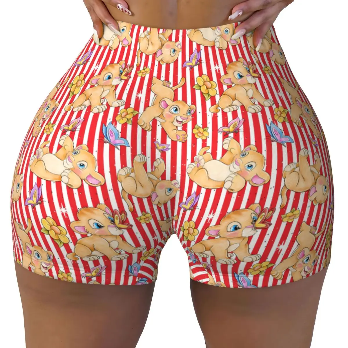 

Популярные шорты для тренировок с героями мультфильмов «Король Лев» на заказ для женщин, шорты для бега в тренажерном зале, байкерские шорты для йоги