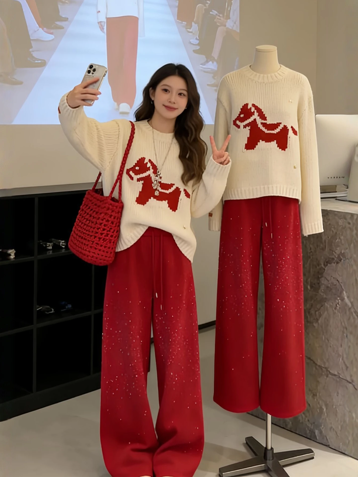 

Winter Casual Knitted Sweater Sequin Loose Fit High Waist Pants Women's Faion Set Warm Polyester Blend round Ne Top