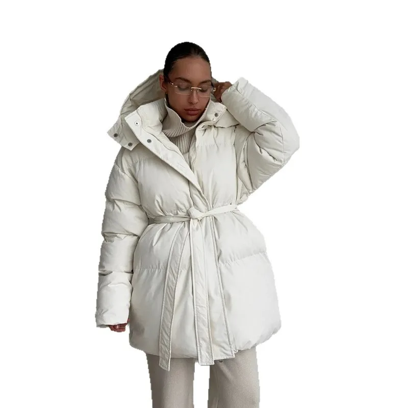 women thickened cotton-padded jacket brown European American casual waist-cinching hooded mid-length bread cotton-padded jacket