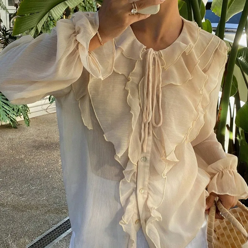 Talenza Bowknot Women's Shirt Spring Fashion Solid Ruffle Lace-up Long Sleeve Blouses Loose Casual Elegant Women Blouse 2025