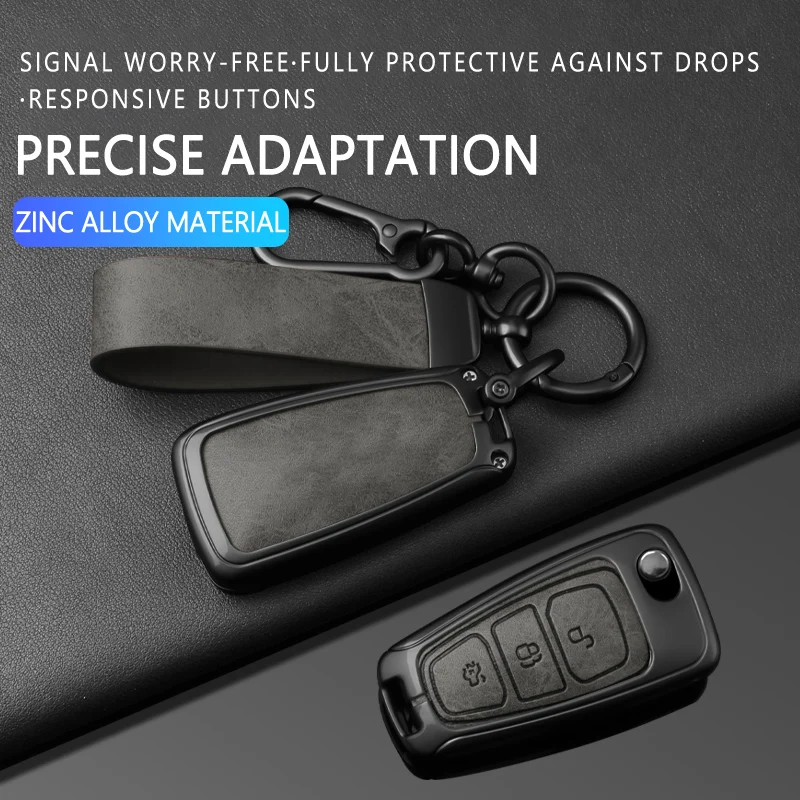 Leather Folding Key Case With Keychain For Ford Focus Mondeo C‑Max S‑Max Ranger Transit Tourneo Custom Galaxy