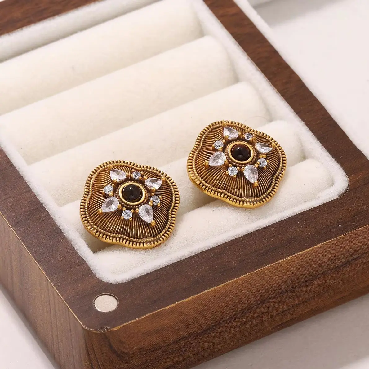Vintage Gold Tone Stud Earrings with Tiger Eye & Zircon - Bohemian Ornate Square Ear Studs for Women