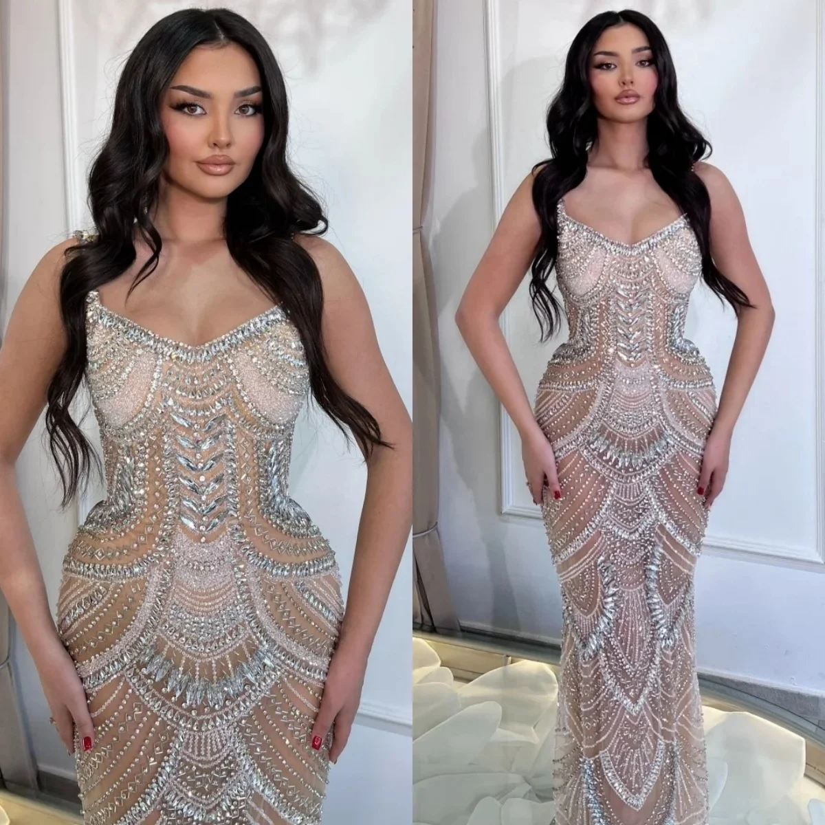 

Vintage Mermaid Wedding Dresses Rhinestone Bridal Gowns Crystal Spaghetti Straps Illusion Customized Princess Vestidos De Novia