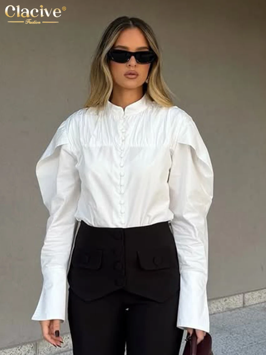 Clacive Fashion Blusa Holgada de Algodón Blanco para Mujer 2026, Camisa Casual de Manga Larga con Cuello Mao, Top Elegante Clásico, Ropa Femenina