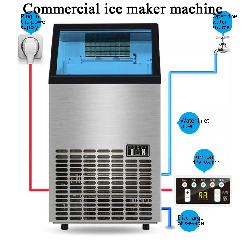 110LBS/24H Commercial Ice Maker Machine with 2 Water Inlets, Freestanding Ice Machine With 24lbs Storage Bin