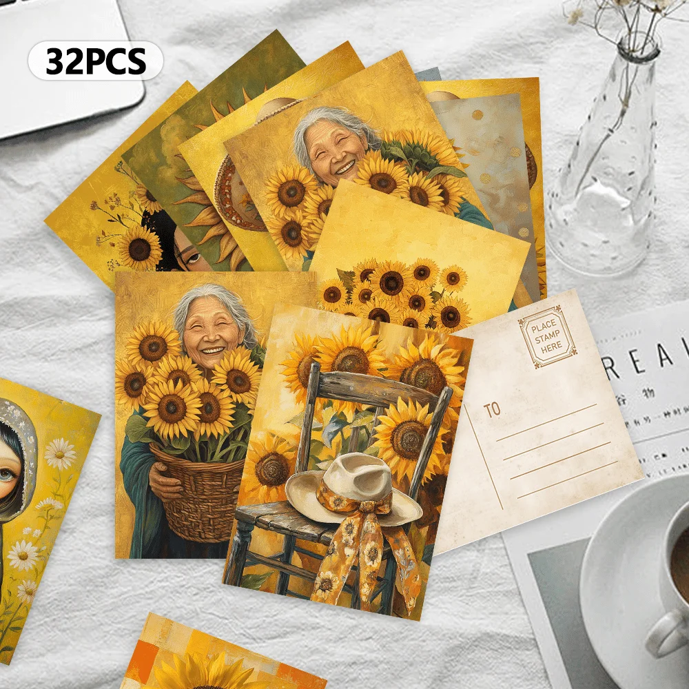 32 Stück, warmgelbe Sonnenblumen-Postkarten, Dekorationen/Grußkarten/Postkarten, hochpräziser Druck, sammelbar und per Post verschickbar