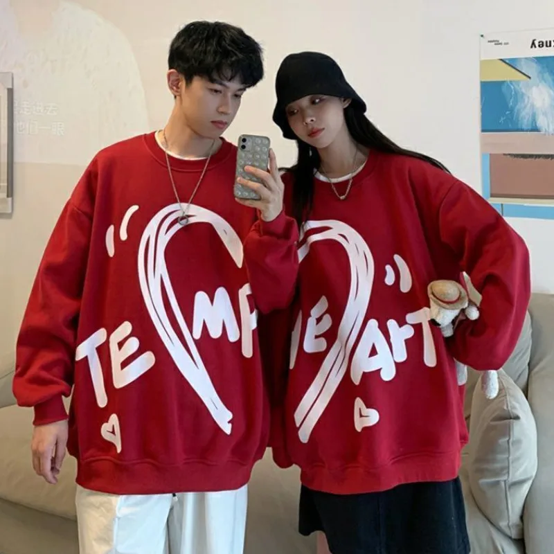 Cute Love Splicing Print Matching Couple Hoodies O-neck Sweatshirts High Quality Men Women Drop Long Sleeve Pullovers 4XL