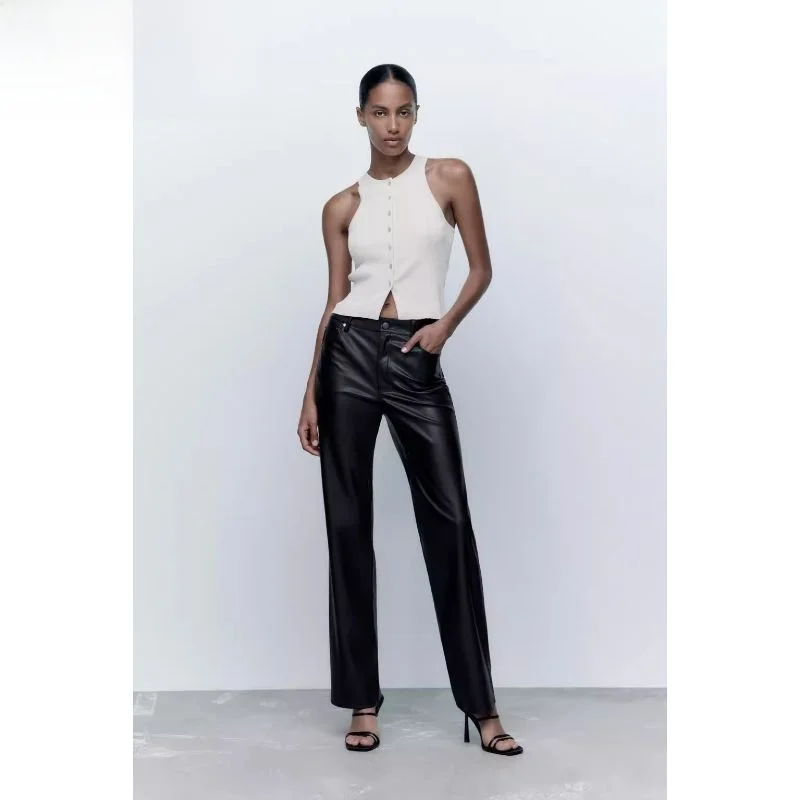 Plones Anchos de Piel Sintética Nea para Mujer, Otoño , Estilo Años 90, Plones Casus de Pierna Recta, Cintur...