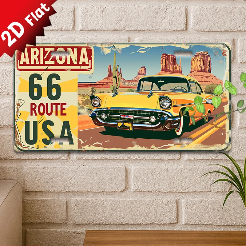 2D Flat, 1pc Vintage Metal Sign - Route 66 Retro Car & Arizona Landscape Wall Art, 11.8x5.9 Inch Aluminum Decorative Plaque