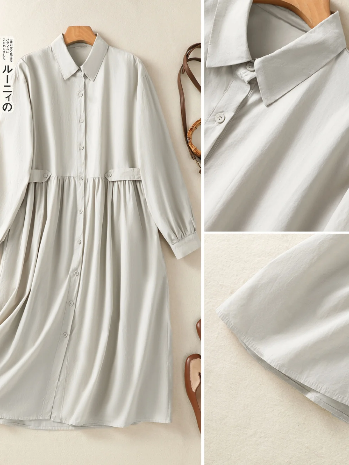 

plus Size Cotton Long Sve irt Dr Women's Korean Sle Slimming over Knee Pleated Skirt Casual Commute Sle A-Line Dr