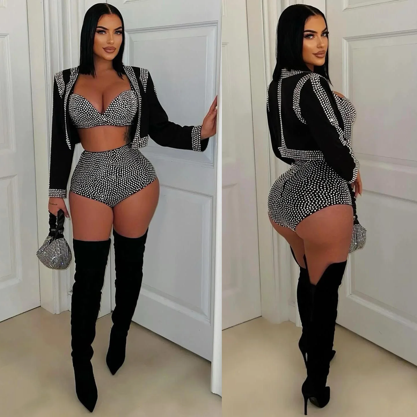 

Sparkly Diamonds 3 Piece Short Sets Woman Outfits Rhinestones Luxury Birthday Cropped Jacket Top and Bra and Shorts Set Clubwear