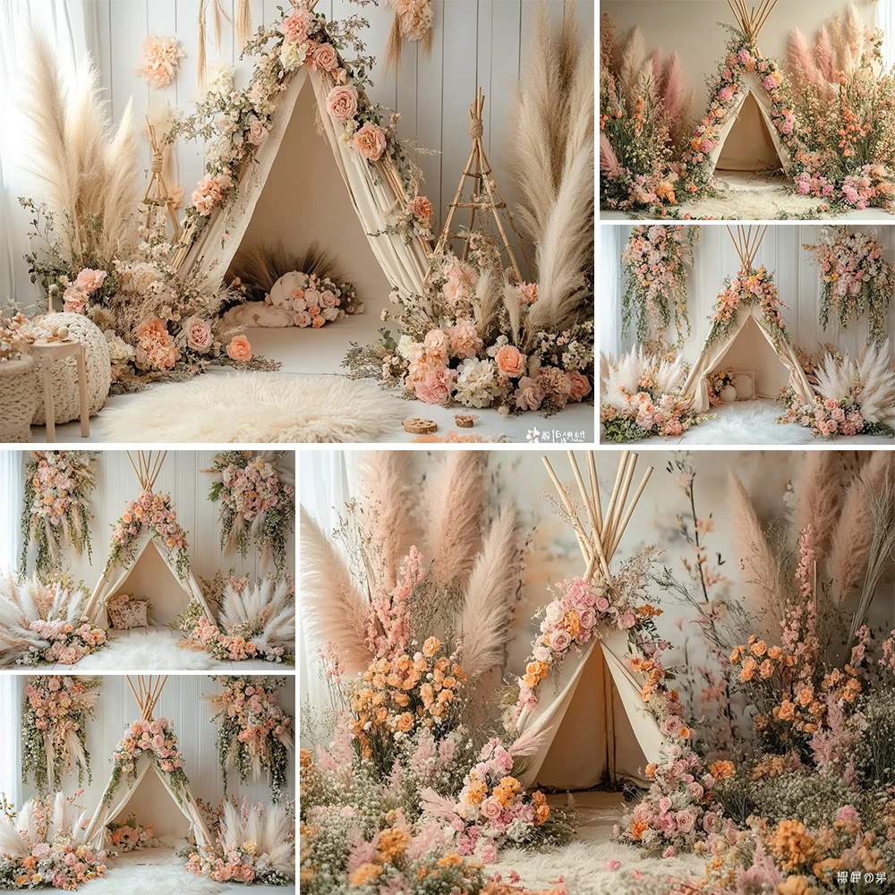 Bohemian Photography Background Small Tent Blanket Floral Decoration Newborn Baby Portrait Photo Backdrops Studio Props banner