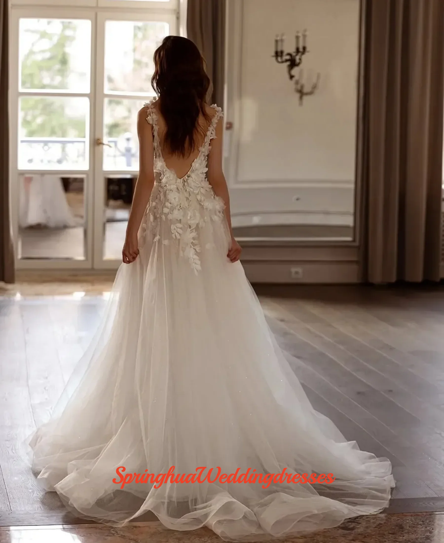 

Customized Sexy 3D Flowers Front Silt Applique Sweep Train A-Line V-Neck Fairy Garden Wedding Dress Vestidos De Novia