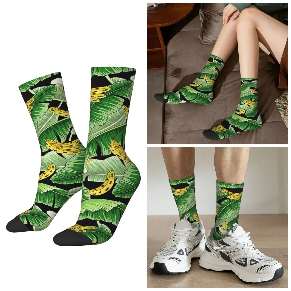 All Seasons Crew Stockings Yellow Banana And Leaf Design Socks Fashion Long Socks for Men Women Valentine's Day Gifts