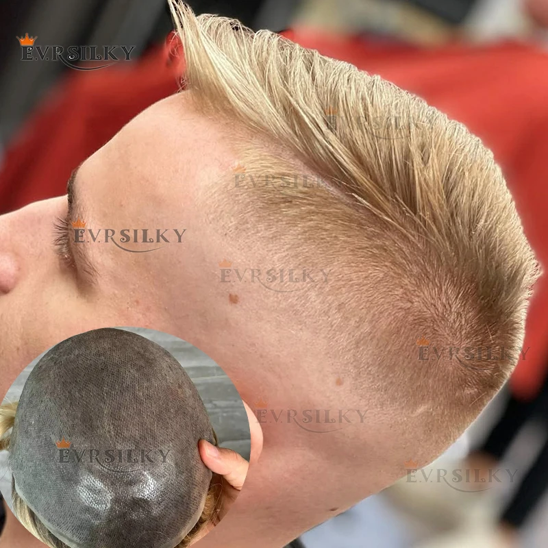 

0.06mm Blonde Ultra Thin Skin Men's Toupee Undetectable Natural Hairline Human Hair Ombre Brown Grey V-loop 1b65 #340 Replacemet