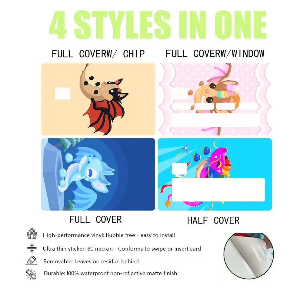 Video Game A-Adopt Me 4pcs 1Set HD Waterproof Card Skins Protective Stickers for Credit Bank Game Cards