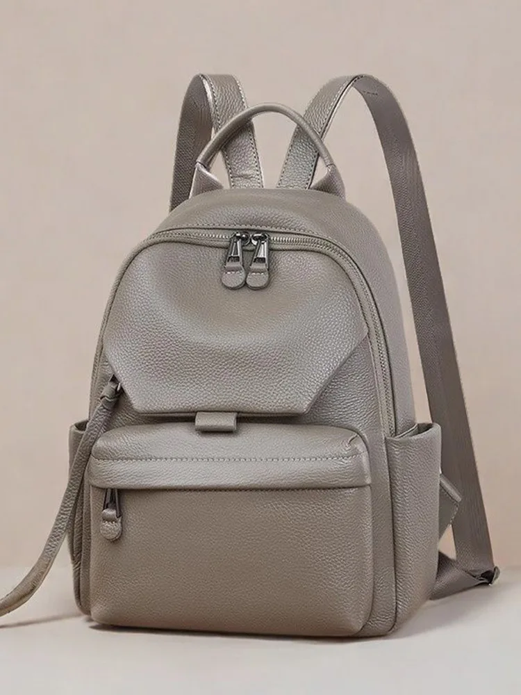 Solid Pattern Women Genuine Leather Backpack Multi-pocket Daypack 2026 New Ladies Cow Leather Tote or Shoulder Bag