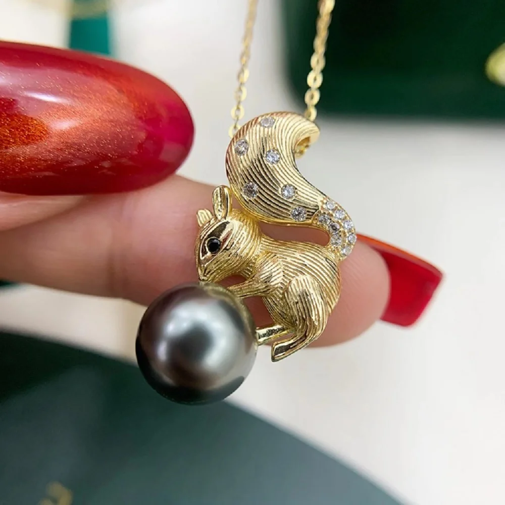 

Exquisite and lovely pendant AAAA9-10mm natural Tahiti round pearl squirrel pendant necklace 18 inch/925s