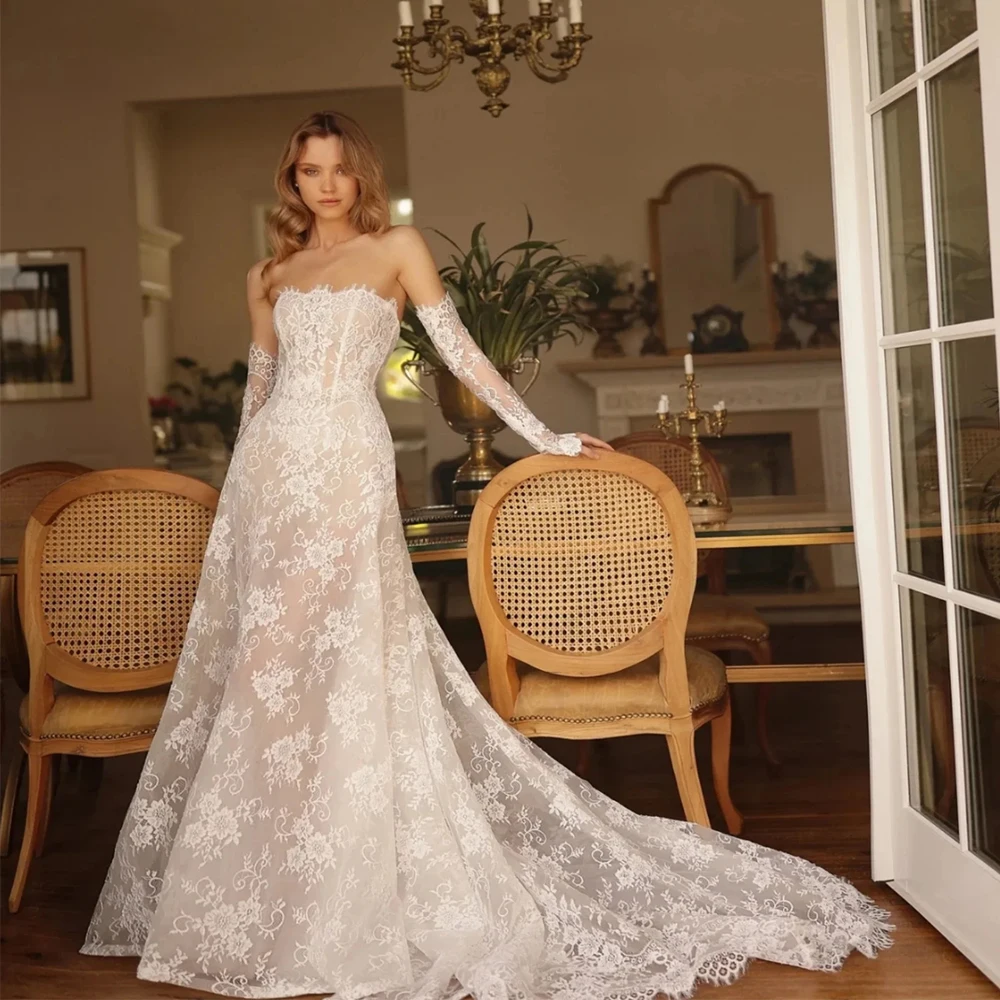 Modern A-Line Wedding Dress Strapless Bridal Gown with 3/4 Sleeves Custom Corset Feminine Trendy 2026