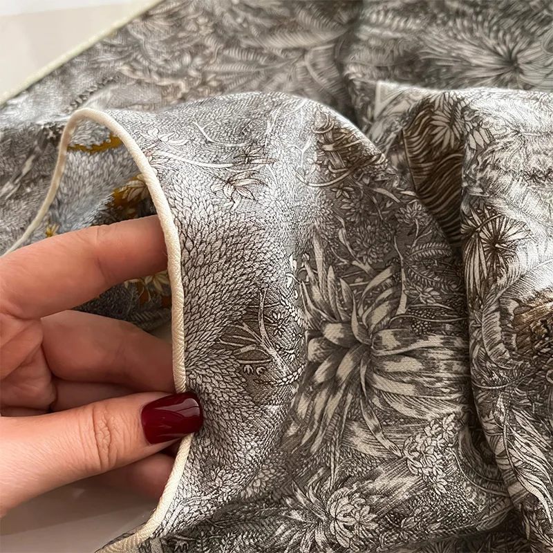 30% MULBERRY SILK 70% WOOL 65CM Square Scarf Double Sided Different Print Vintage Golden Floral Bird Neck Shawl Luxury Accessory view 4