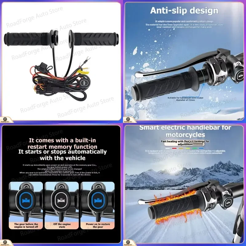 Heated Handlebar Grips for Motorcycles Smart 5+1 Heat Levels with Memory Function for 22mm Handlebar