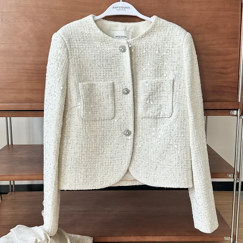 

White Small Fragrance Sequined Tweed Short Jacket Round Neck Shiny Basic Simple French Elegant Long-sleeved Women's Coat