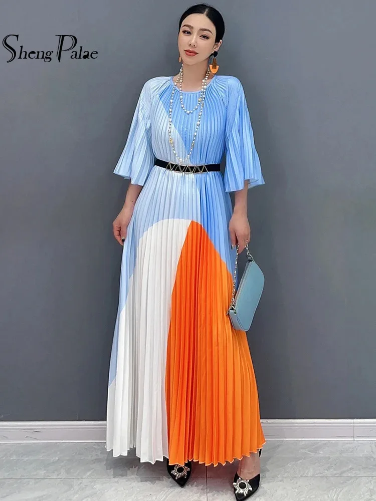 SHENGPALAE 2025 Spring New Hundred Pleated Printed Long Dress With O-Neck Half Sleeves Elegant Ladies Flare Women Dresses 5R9758