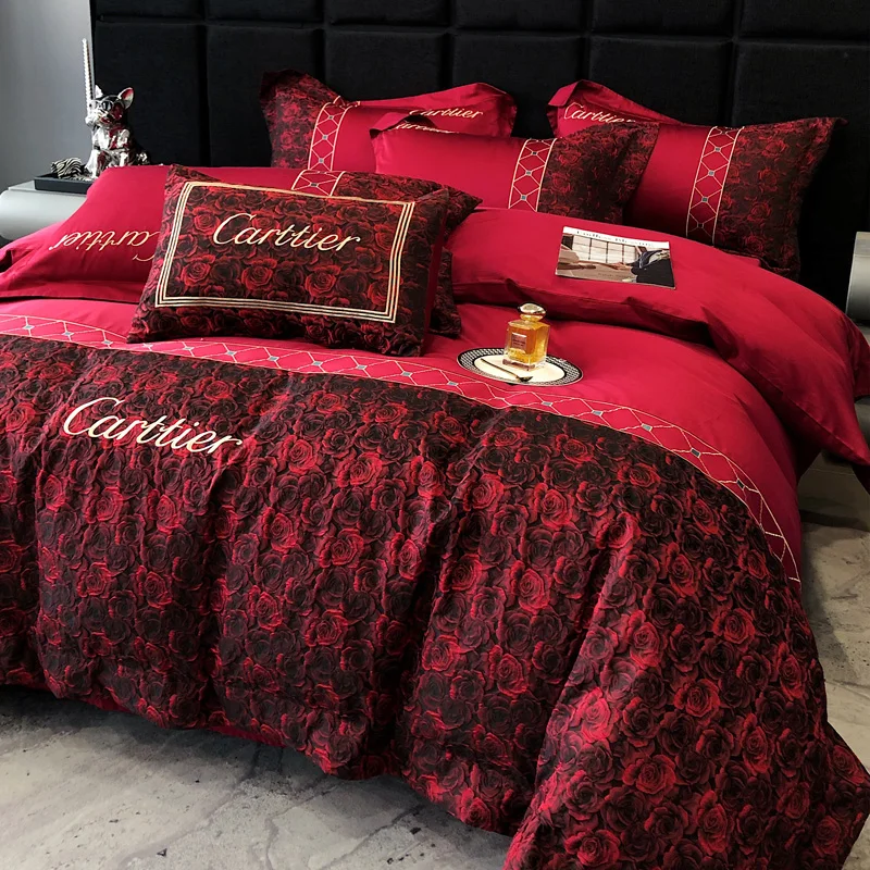 High-end Princess Wedding Bedding Set Luxury Red Rose Flowers Print Embroidery Cotton Quilt/Duvet Cover Bed Sheet Pillowcases