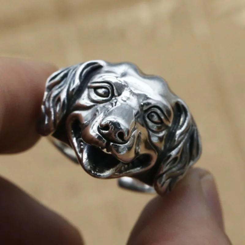 Authentic S925 Sterling Silver Jewelry for Men's Personality Zodiac Dog Open Ring Vintage Thai Silver Dog Head Ring