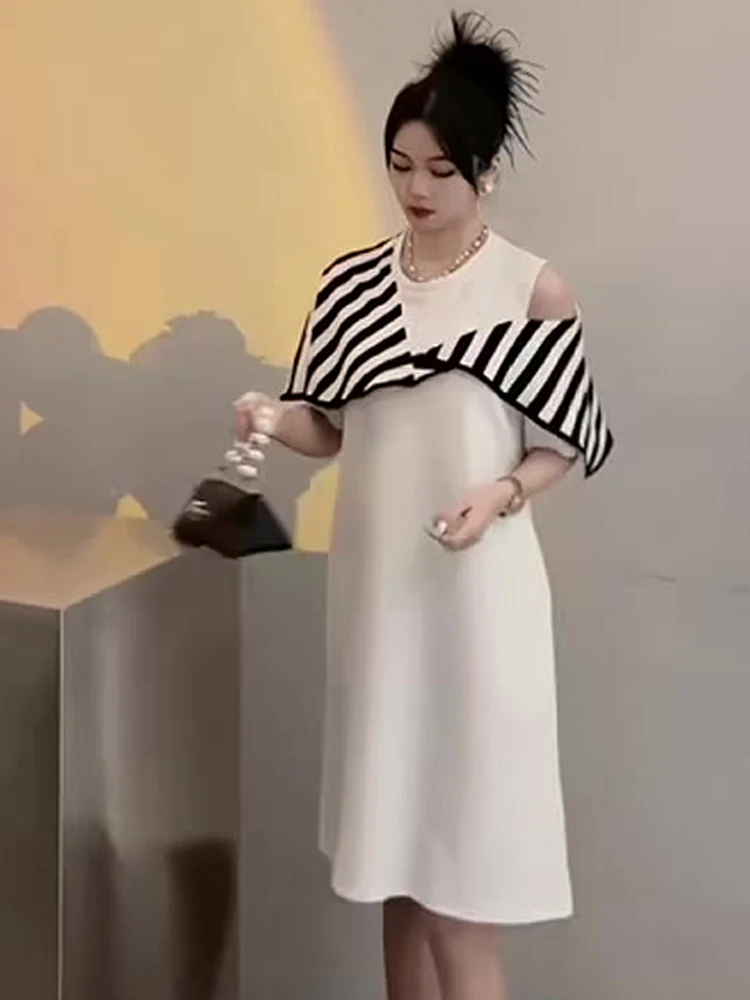 

Summer 2026 oulder Bared ort Sve round Ne Pullover T-irt Dr Loose Slimming Color Blo Ele Midi Length Dr