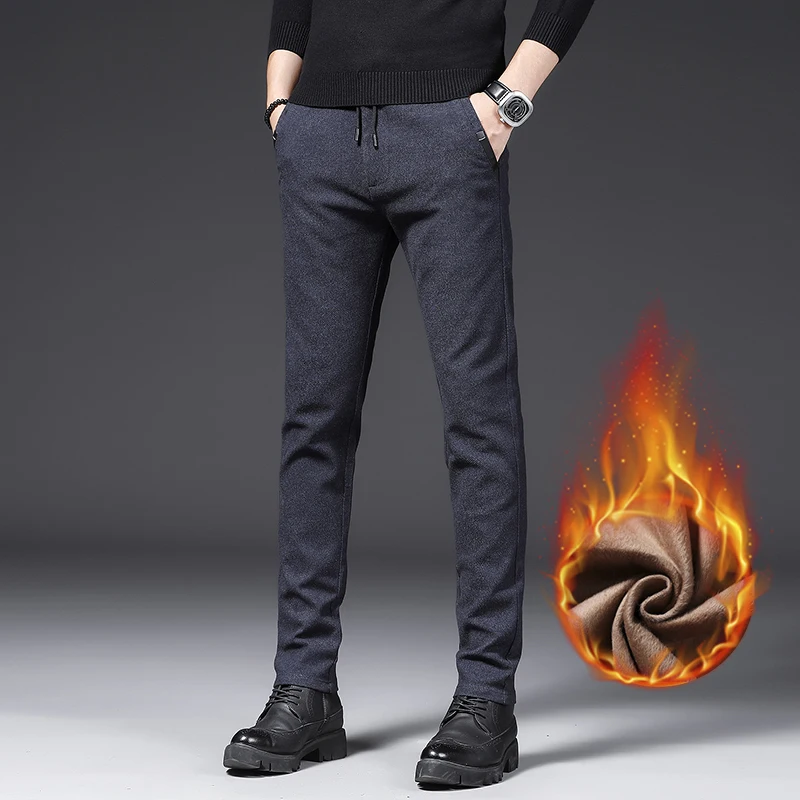 Pantalones cálidos informales de negocios para hombre, pantalones rectos ajustados con diseño de cordón, pantalones de lana gruesos, ropa coreana a la moda para hombre
