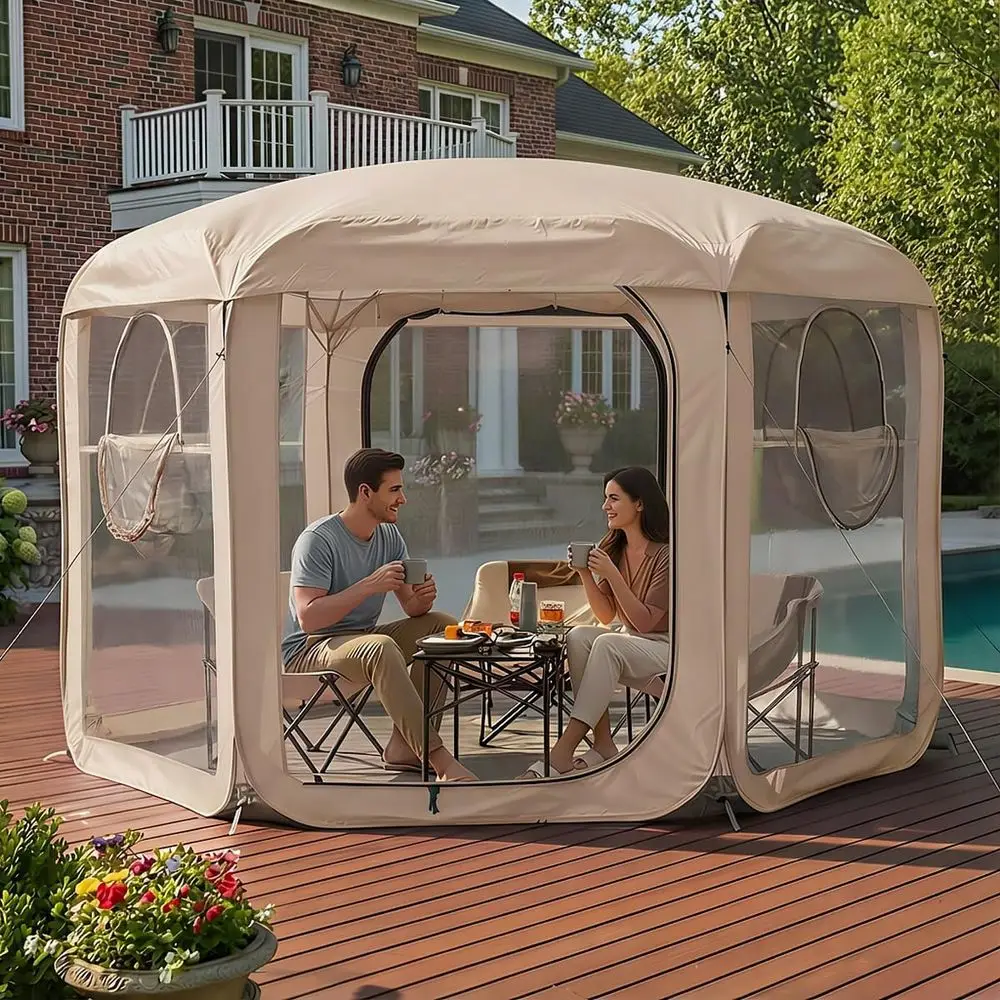 

10'x10' Large Camping Shelter with Sunshade, Weather-Resistant Pod, Waterproof Floor, 2 Doors & 4 Mesh Windows