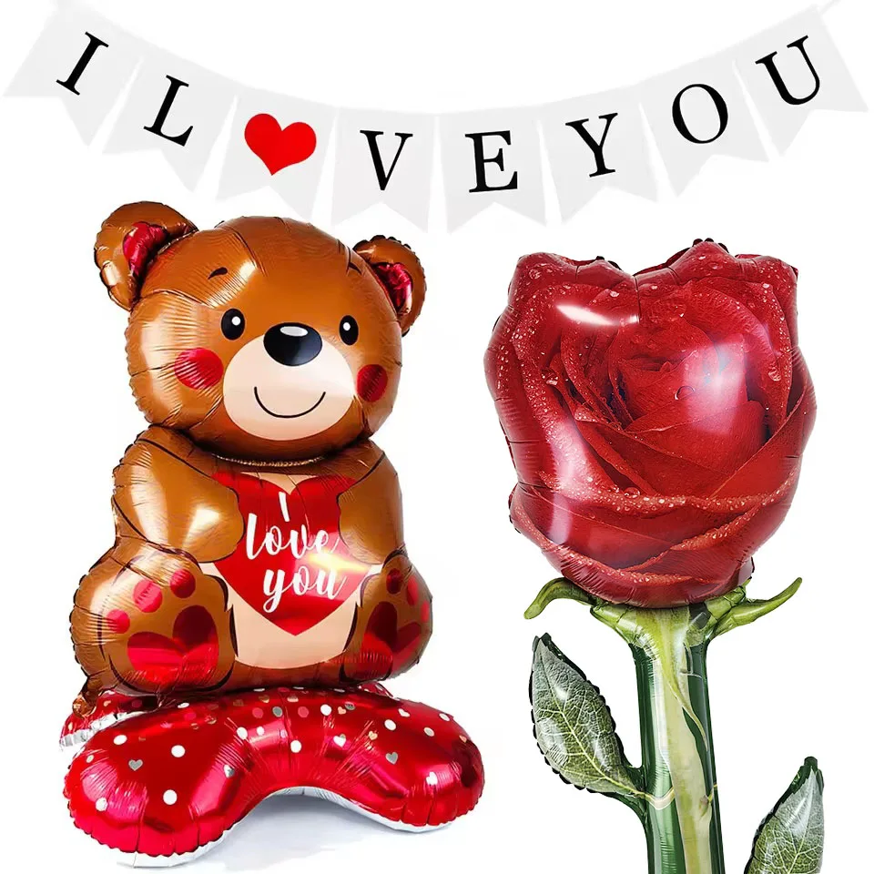 Valentine's Day Foil Balloon Standing Teddy Bear Balloon Red Love Heart Rose Flower Balloon Wedding Valentine's Day Party Decor