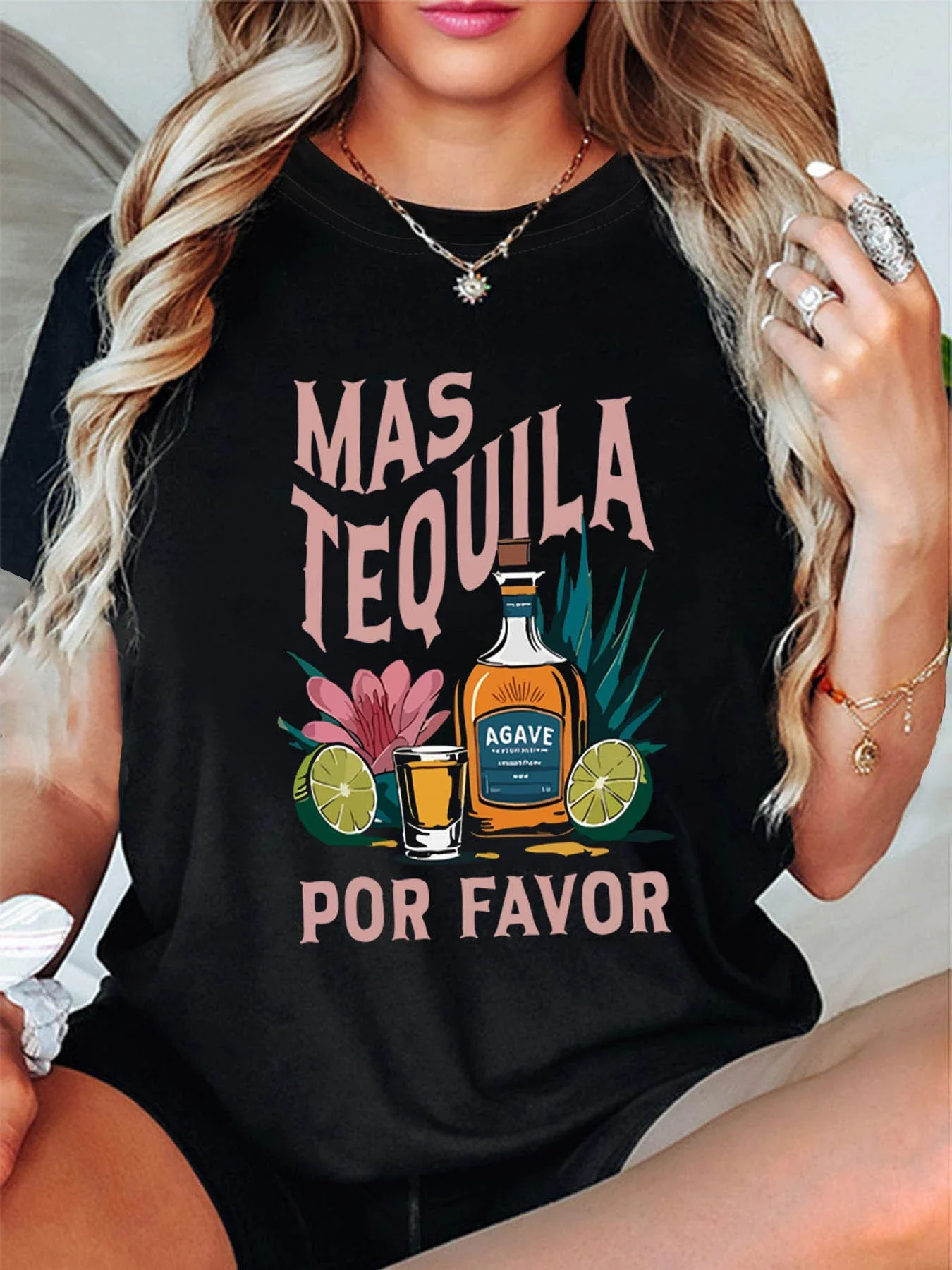 

Женская футболка с коротким рукавом, уличная одежда MAS TEQUILA POR FAVOR, повседневный топ с испанским буквенным принтом и круглым вырезом на лето и весну