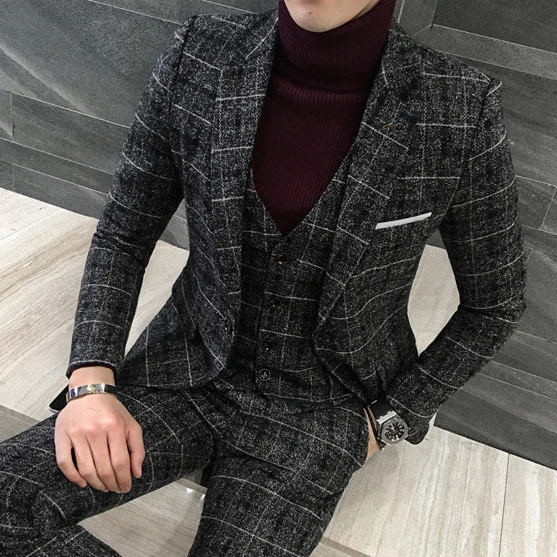 ( Jacket + Vest + Pants ) Premium Brand Fine Men\'s Slim Formal Business Suit Groom\'s Best Man Wedding Party Dress Suits 3 piezas