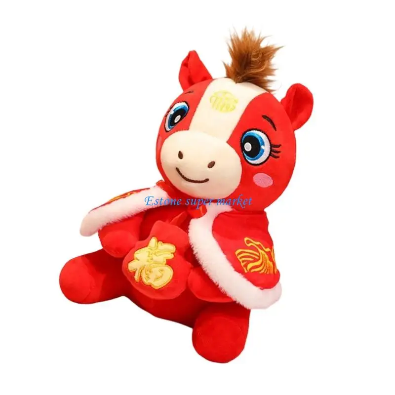 

090B Stuffed Horse Toy Plush Red Cartoon Figure Anime Doll for Chinese New Year 2026 Spring Festival Throw Pillow
