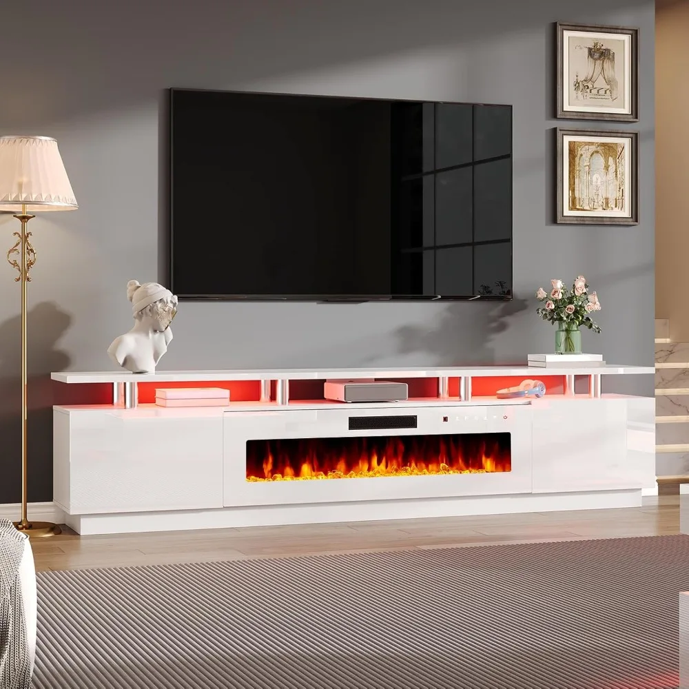 

90 2 Tier Fireplace TV Stand with 50 Fireplace, Modern Large Entertainment Center LED Lights, Media Console Table