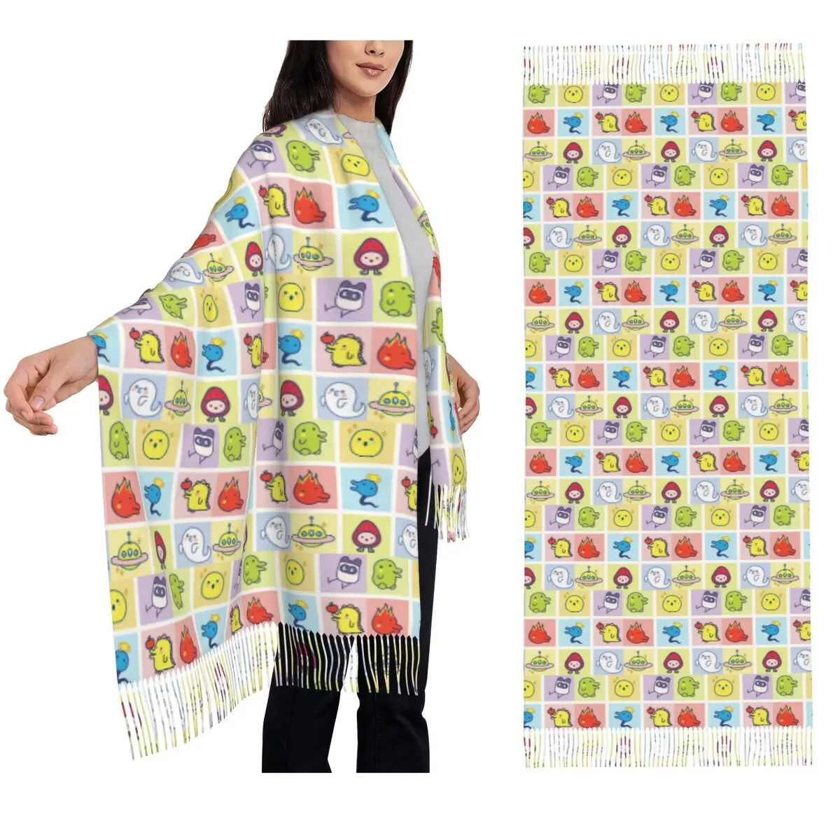

Tamagotchi Character Collage Scarf Tassel Scarves for Women Soft Warm Shawls and Wraps Long Fall Winter Shawl Wrap
