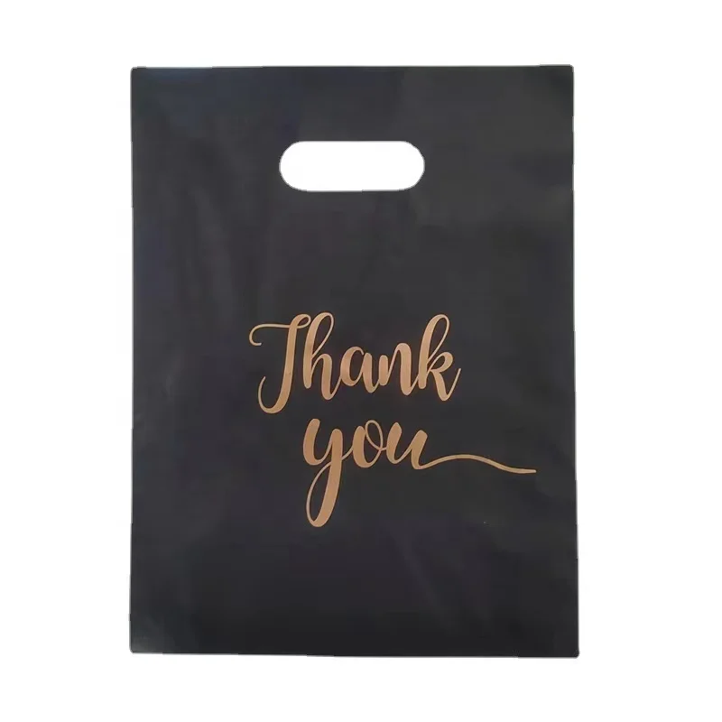 Producto personalizado, bolsas de agradecimiento de plástico de fábrica, bolsas de compras negras reutilizables para embalaje de ropa, negocios