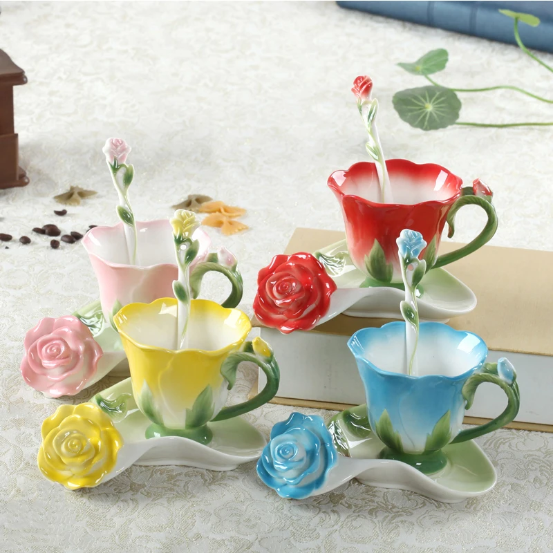 Best 3D Rose Shape Flower Enamel Ceramic Coffee Tea Cup and Saucer Spoon High-grade Porcelain Cup Creative Valentine Gift Design