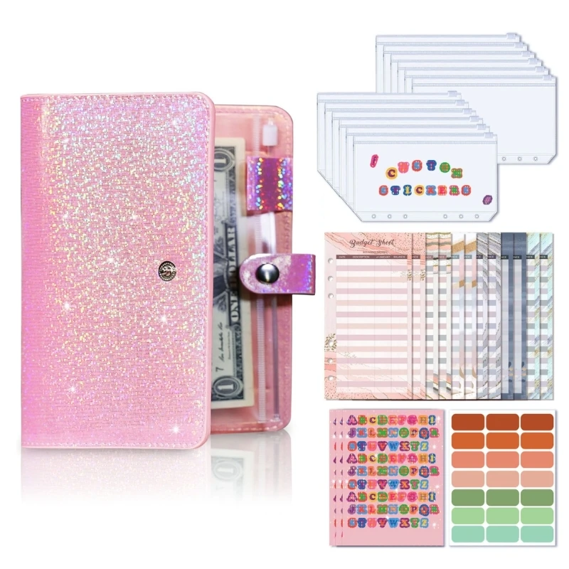 Glitter Leather Budget Binder with 12 Cash Envelopes, 12 Budget Sheets, Label Stickers, for Money Saving Binder Planner F19E