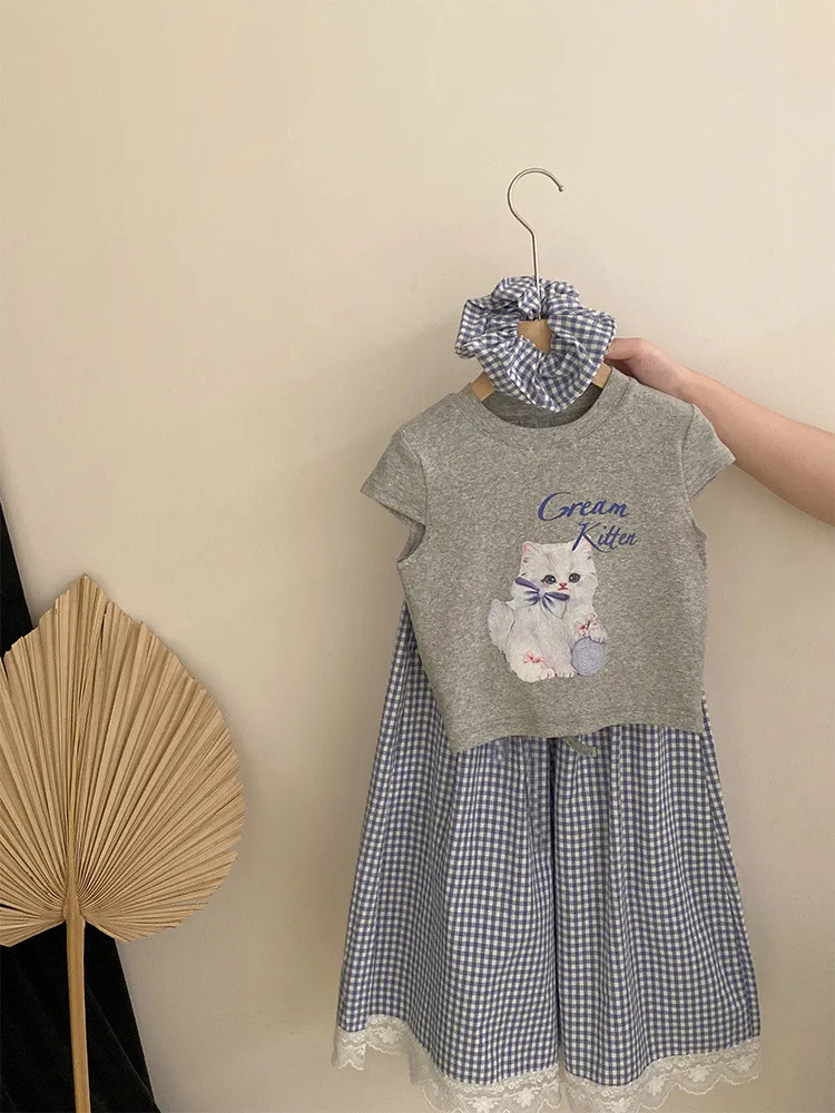 طقم بناتي صيفي جديد للأطفال مطبوع بأكمام قصيرة تي شيرت دانتيل منقوش طقم مكون من قطعتين