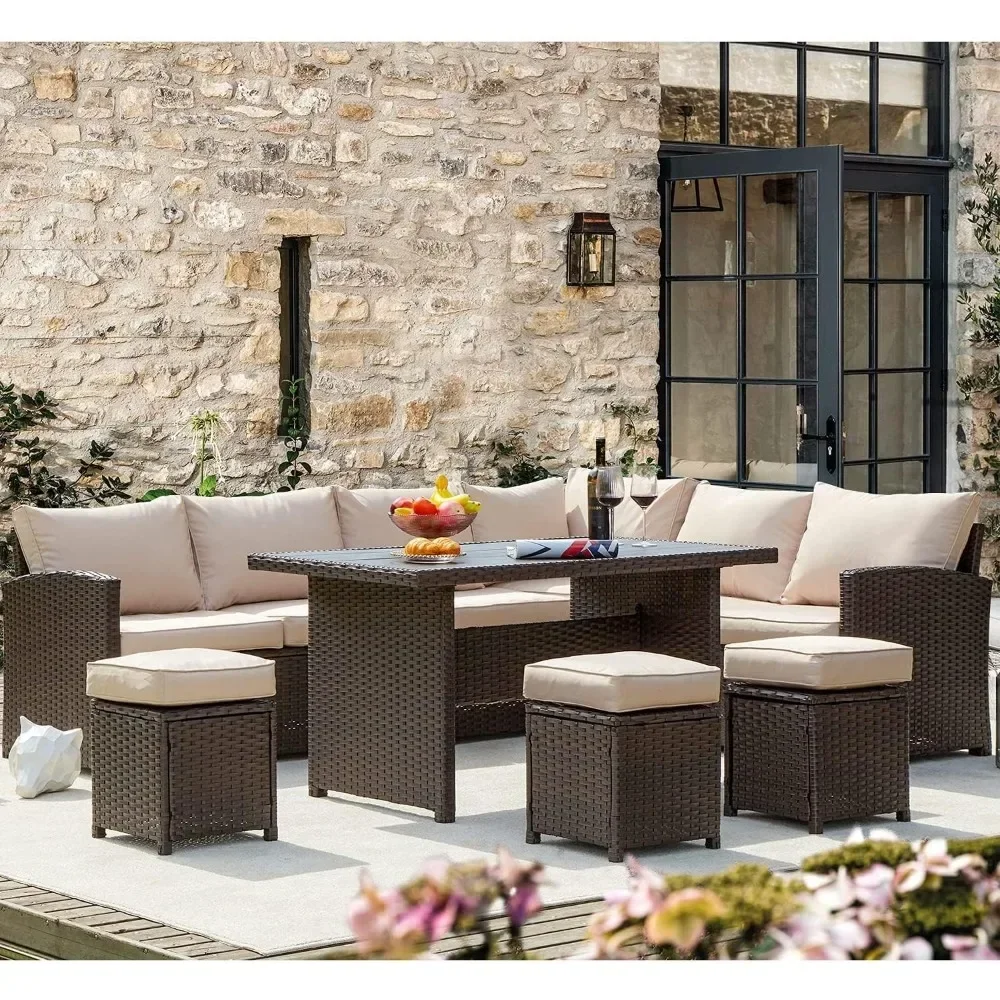 Courtyard Furniture Set, Outdoor Segmented Khaki Sofa, Conversation Set, All-weather Wicker and Rattan Dining Table and Chair