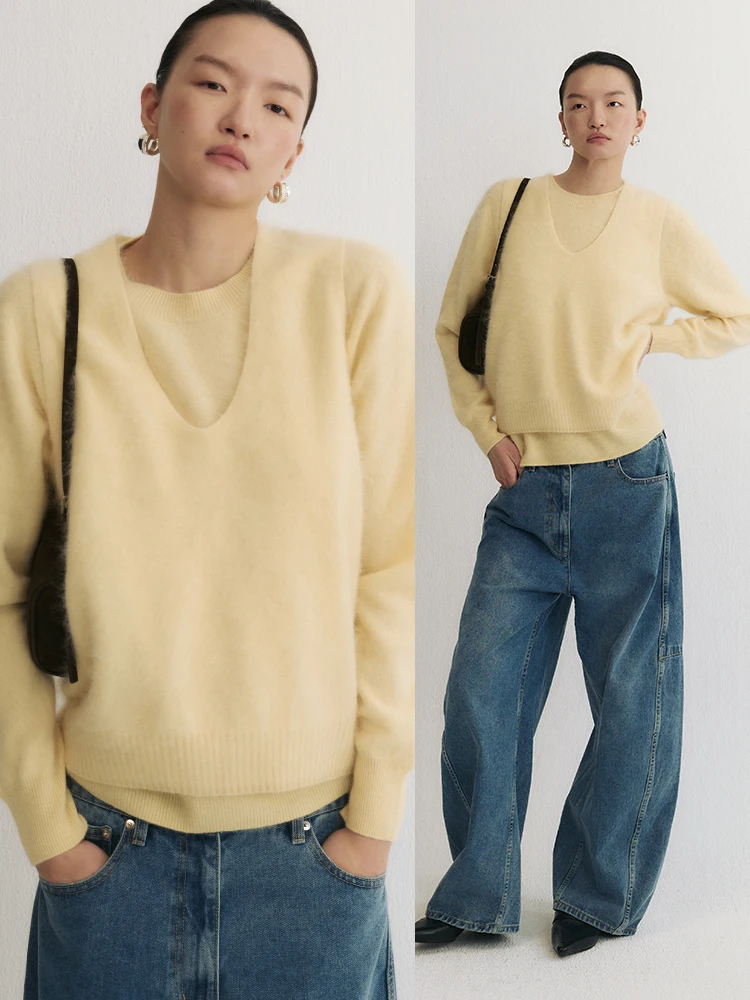 

Женский вязаный жилет SLO из искусственного меха и шерсти с глубоким U-образным вырезом, новинка 2025 года, для многослойных образов, средней теплоты, на одной пуговице