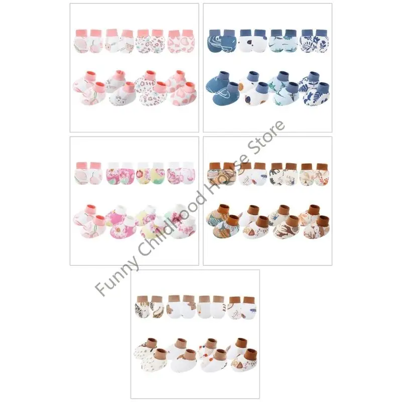 

D0LA 4 Set Soft & Comfortable Cotton Baby Mittens witrh Socks for Newborns Breathable Scratch Proof Gloves 0-6 Months