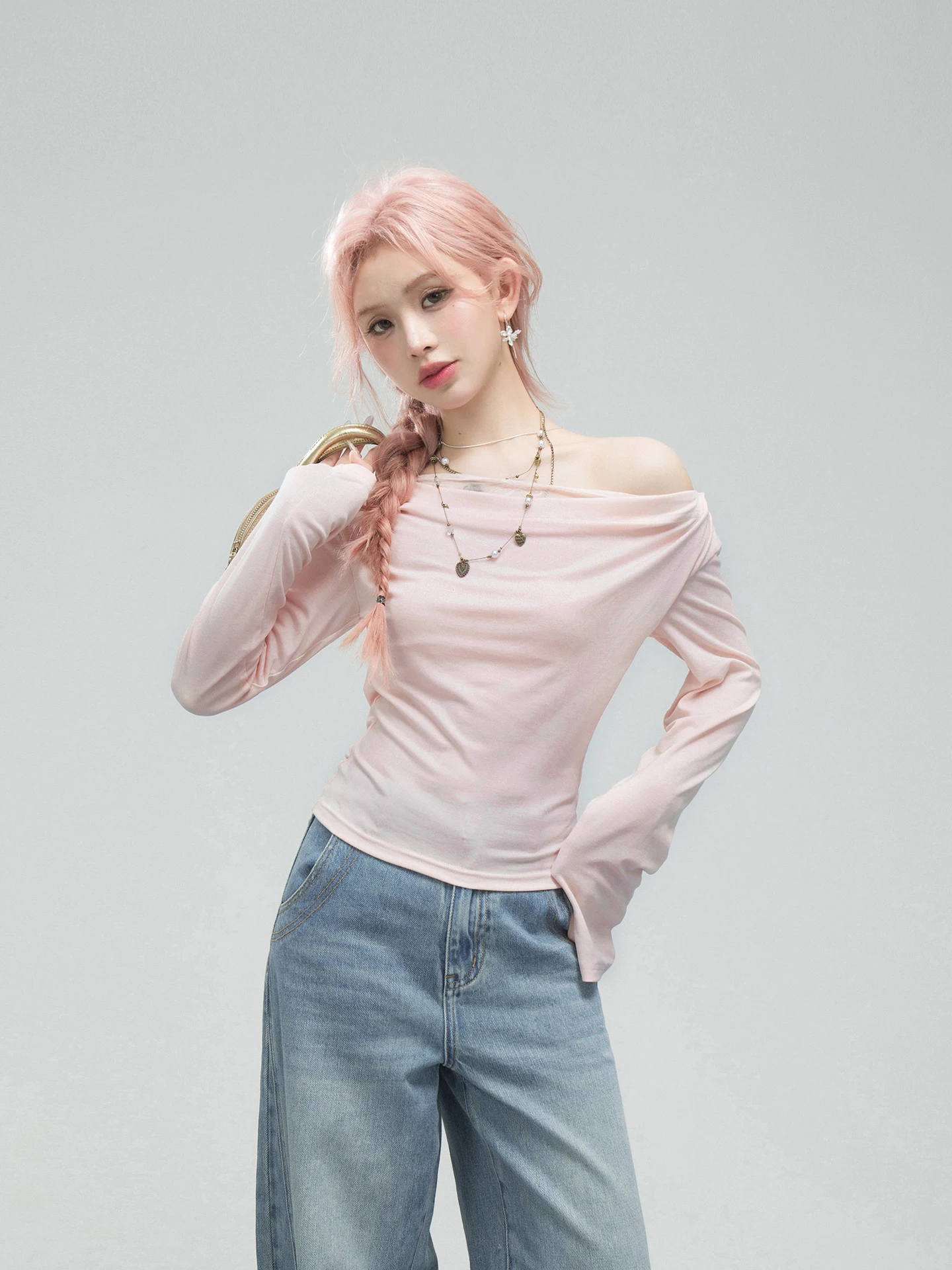 

Pure Desire Bal Lace Top Sweet Berry Pink Loose Fit Korean Sle Long Sve Knitted Soft Ruffle Hem Belted Daily Wear