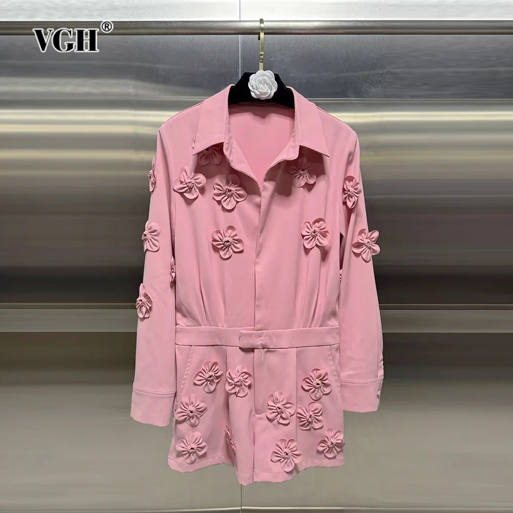 

VGH Solid Patchwork Appliques Jumpsuits For Women Lapel Long Sleeve High Waist Minimalist Casual Jumpsuit Female Fashion Style